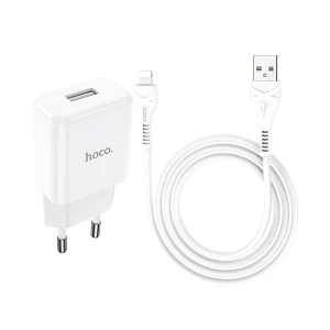 Сетевое зарядное устройство hoco с кабелем usb to lightning n9 2.1a, белое Thumbnail 1