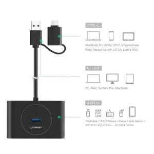 Ugreen hub 4in1 usb 3.0 with type-c adapter to 4*usb 3.0 1m cr113, black Thumbnail 3