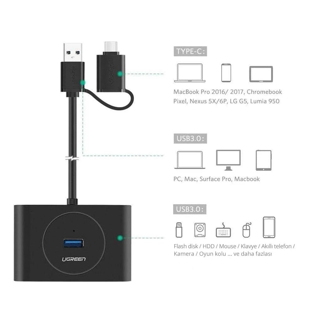 Ugreen hub 4in1 usb 3.0 with type-c adapter to 4*usb 3.0 1m cr113, black 3