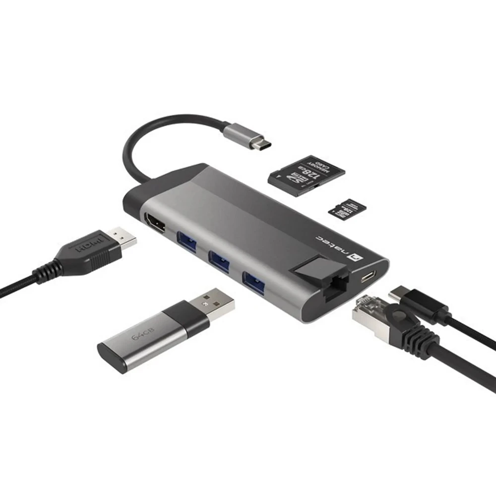 Natec fowler plus hub usb-c multiport adapter 8 in 1, usb 3.0 3x, hdmi 4k, usb-c pd, rj45, sd, micro 3