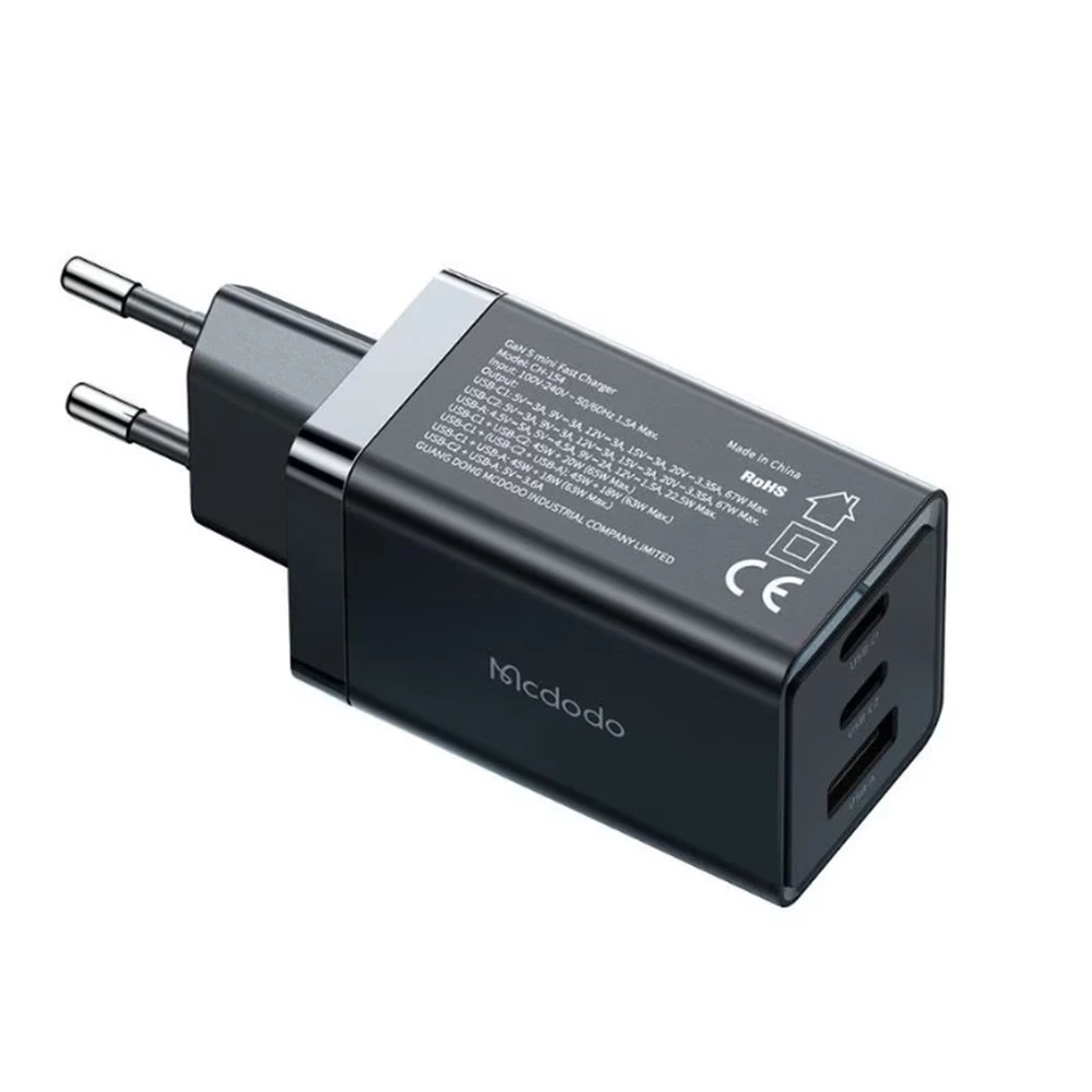 Mcdodo gan 5 mini chargers 2xtype-c 1xusb 65w, black 3