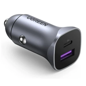 Ugreen car charger 1*usb-a + 1*type-c aluminum 3a 38w, silver
