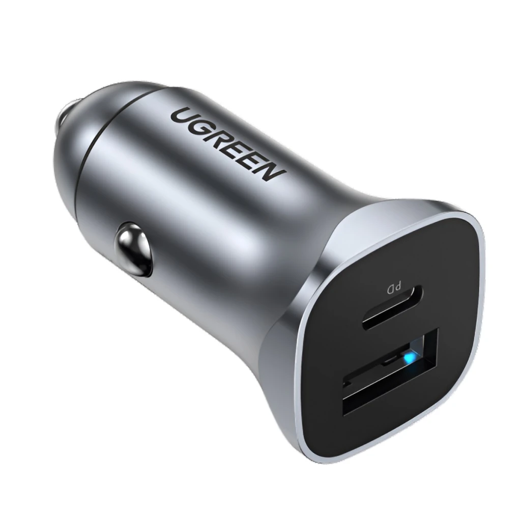 Автомобильное зарядное устройство ugreen 1*usb-a + 1*type-c алюминий 3a 38w, серебристое 3