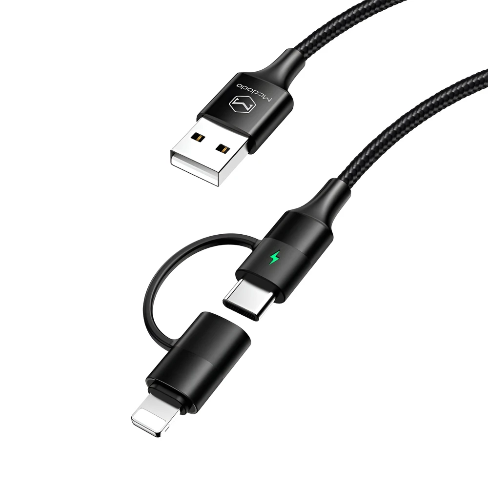 Кабель mcdodo atom series 2 в 1 usb-a на lightning+type-c с led 2.4a 1.2м, черный 2
