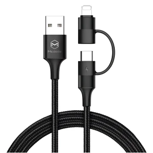 Кабель mcdodo atom series 2 в 1 usb-a на lightning+type-c с led 2.4a 1.2м, черный