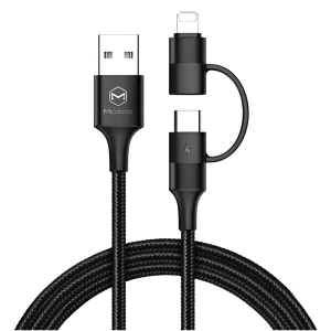 Mcdodo Cable Atom Series 2 in 1 USB-A to Lightning+Type-C with LED 2.4A 1.2m, Black
