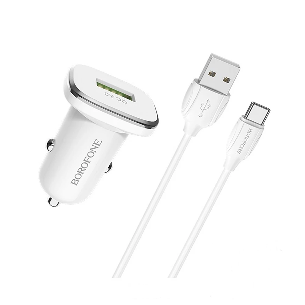 Borofone car charger usb qc3.0 18w (cable usb to type-c) bz12a lasting, white 2