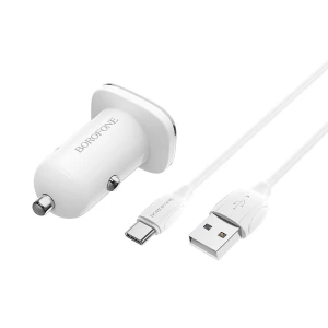 Borofone Car Charger USB QC3.0 18W (Cable USB to Type-C) BZ12A Lasting, White