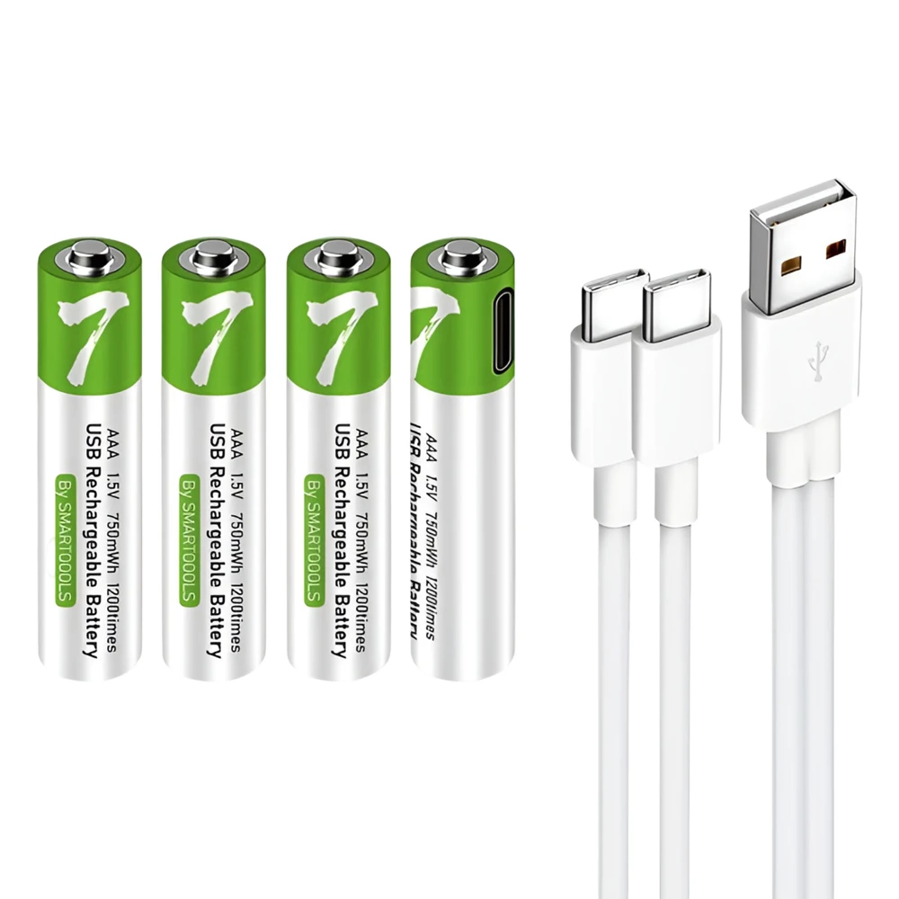Перезаряжаемые li-ion аккумуляторы aaa 400mah usb-c, 4 шт. с кабелем 2в1 type-c 2