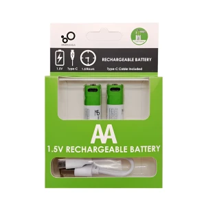Перезаряжаемые li-ion аккумуляторы aa 1750mah с usb-c, 2 шт. с кабелем 2в1 type-c