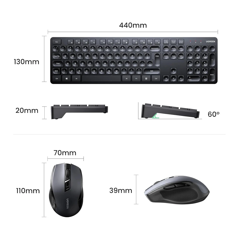 Ugreen wireless combo keyboard and mouse ergonomic us mk006, black 3