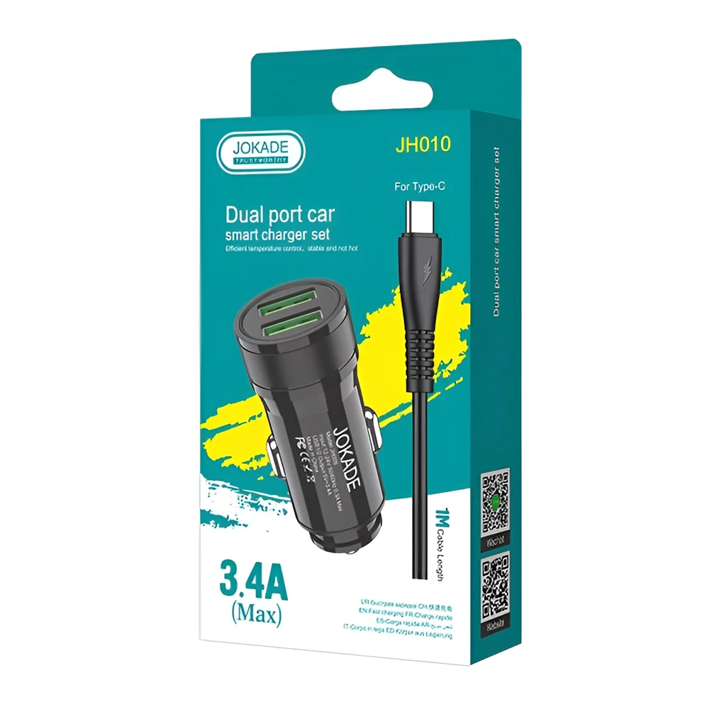 Автомобильное зарядное устройство jokade 2*usb-a с кабелем usb-a на type-c 3.4a jh010, черное 3