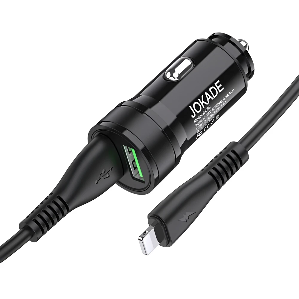 Автомобильное зарядное устройство jokade 2*usb-a с кабелем usb-a to lightning 3.4a jh010, черное 2