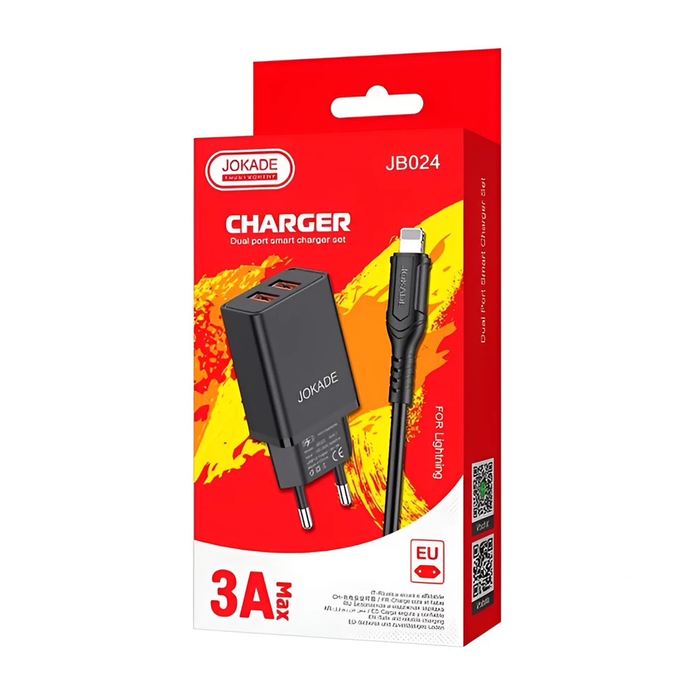 Jokade Wall Charger with Cable USB-A to Lightning Dual Port JB024 3A, Black 3