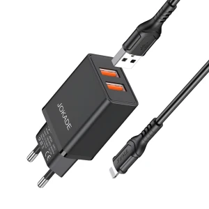Сетевое зарядное устройство jokade с кабелем usb-a на lightning, двойной порт jb024 3a, черное Thumbnail 2