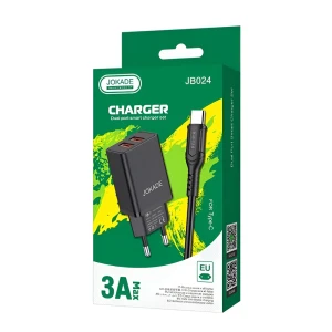 Jokade wall charger with cable usb-a to type-c dual port jb024 3a, black Thumbnail 3