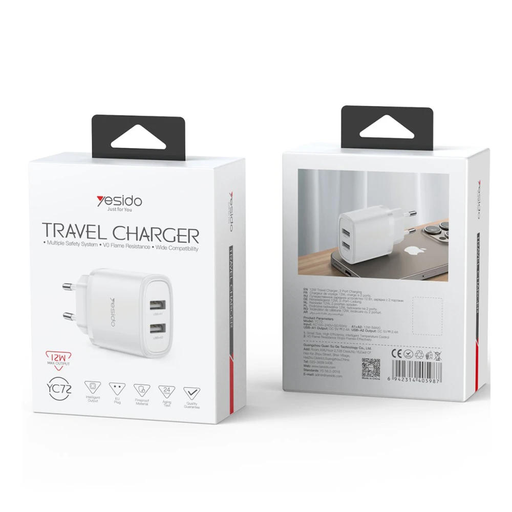 Зарядное устройство yesido wall charger 2*usb-a 24w max yc72, белое 2