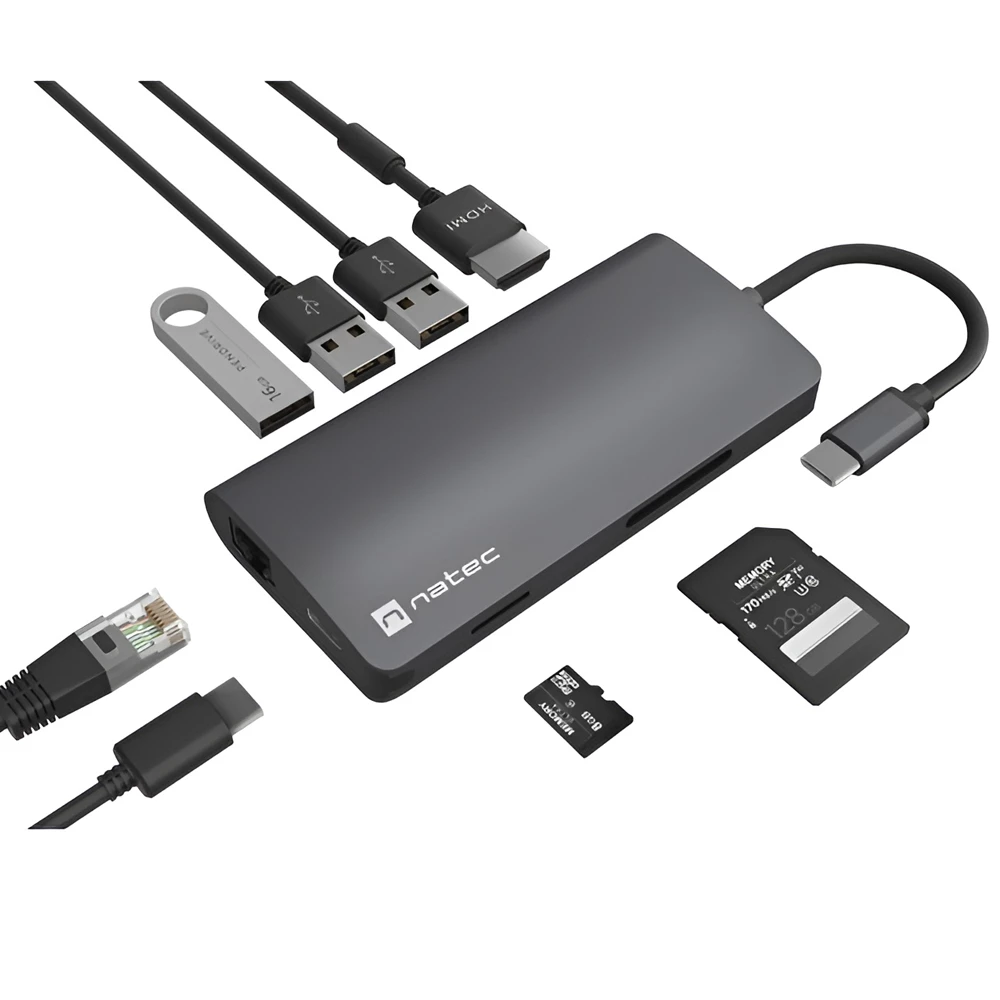 Natec fowler plus hub usb-c multiport adapter 8 in 1 natec fowler 2 v2 3x usb 3.0 hub, hdmi 4k, usb-c, rj45, sd, micro sd 3