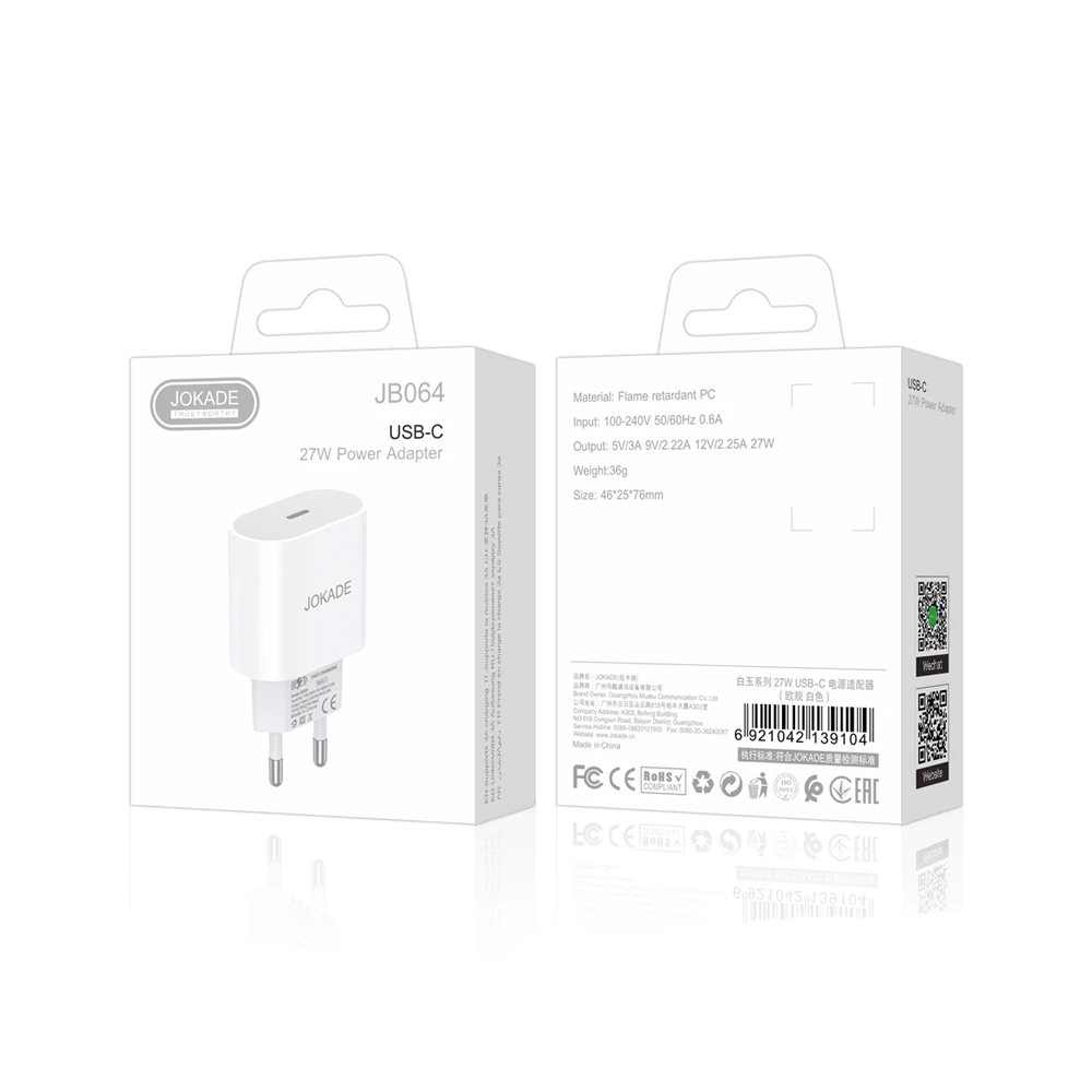 Jokade wall charger 1*type-c 30w max jb064, white 3