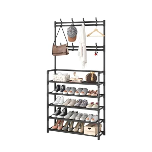 Organize your entryway with our 5-tier shoe rack and hanger, holds up to 20 pairs of shoes.(black, 5-tier)