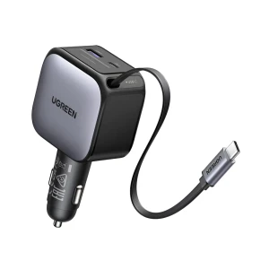 Ugreen car charger 1*type-c+1*usb-a with type-c cable, retractable, 90w, grey | ec603