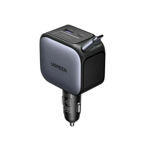 Ugreen car charger 1*type-c+1*usb-a with type-c cable, retractable, 145w, black | ec604
