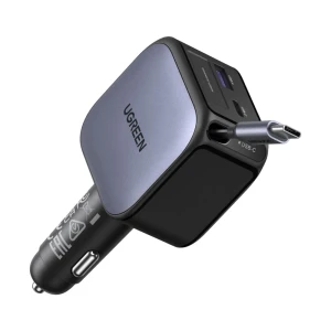 Ugreen car charger 1*type-c+1*usb-a with type-c cable retractable, 60w, black | ec602