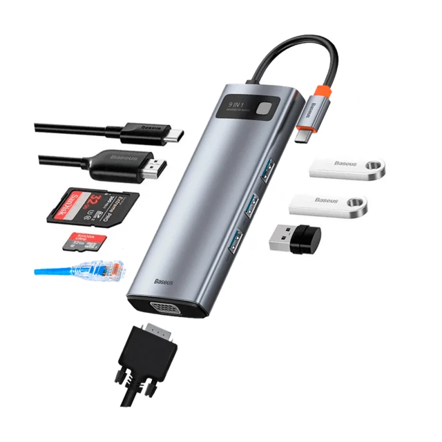 Docking station baseus metal gleam 9-in-1, usb type-c to 3xusb 3.0, type c pd 100w, hdmi 4k@30hz, rj-45 gigabit, sd, microsd, vga, grey  wkwg000104 2