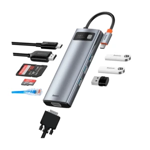 Docking station baseus metal gleam 9-in-1, usb type-c to 3xusb 3.0, type c pd 100w, hdmi 4k@30hz, rj-45 gigabit, sd, microsd, vga, grey  wkwg000104