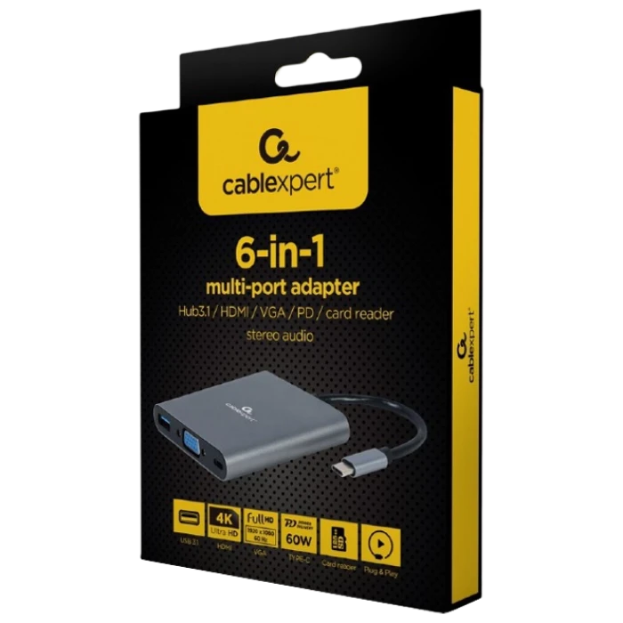 Adaptor video cablexpert a-cm-combo6-01, usb type-c - vga, hdmi, usb type-c, usb type-a, sd card-reader, gri 2