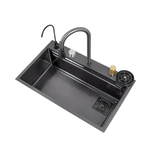 Kitchen sink stainless steel grade 304 multifunctional built-in waterfall sink 680*450mm, black