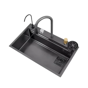 Kitchen Sink Stainless Steel Grade 304 Multifunctional Built-in Waterfall Sink 680*450mm, Black