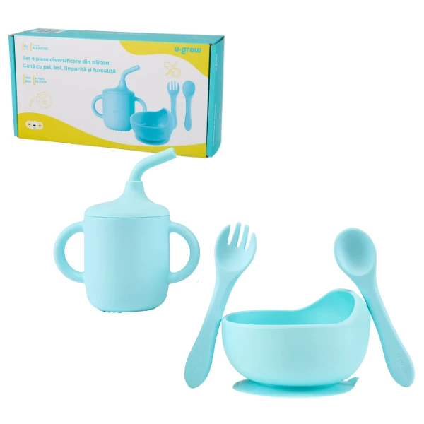 Set din silicon – cană cu pai, bol, linguriță și furculiță, albastru 2