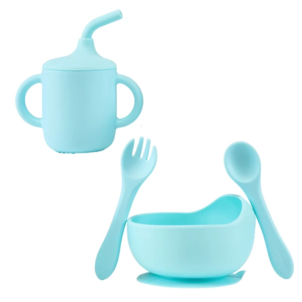 Set din silicon – cană cu pai, bol, linguriță și furculiță, albastru 3