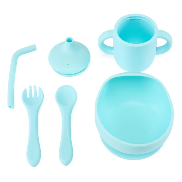 Set din silicon – cană cu pai, bol, linguriță și furculiță, albastru 5
