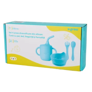 Set din silicon – cană cu pai, bol, linguriță și furculiță, albastru Thumbnail 4