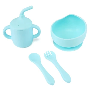 Set din silicon – cană cu pai, bol, linguriță și furculiță, albastru Thumbnail 6
