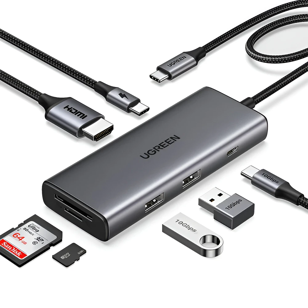 Ugreen hub 7в1 revodok pro 107 type-c на 3*usb 3.0 + hdmi + vga + lan + 3.5 мм 100w pd cm498, космический серый 3