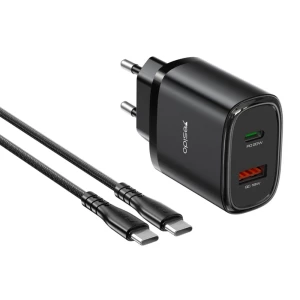 Yesido Wall Charger 20W 1*USB-A+1*Type-C with Cable Type-C to Type-C 20W YC50, Black