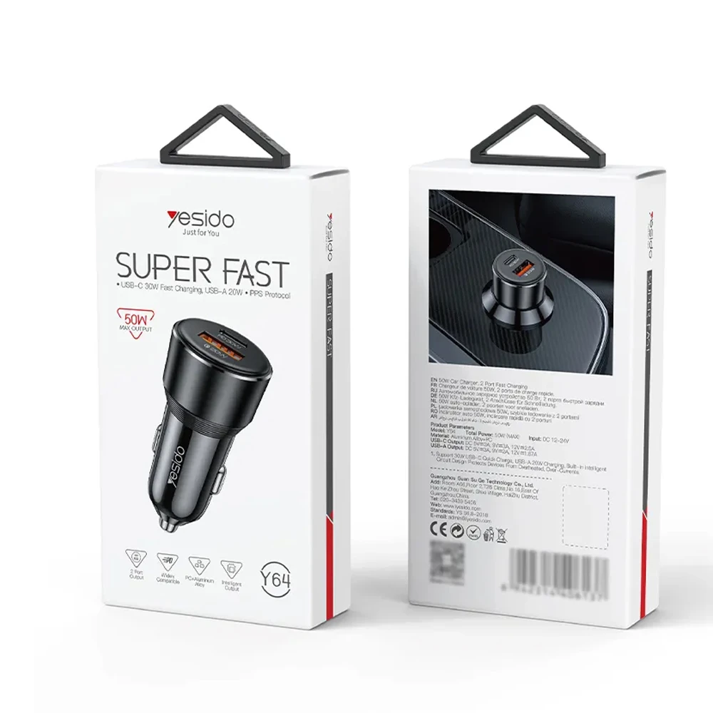 Автомобильное зарядное устройство yesido dual port 1*usb-a+1*type-c 50w max 2.4a, черное 3