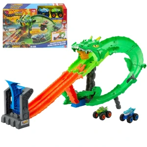 Set de joacă hot wheels "demolarea dragonului" cu 2 mașini monster trucks 1:64