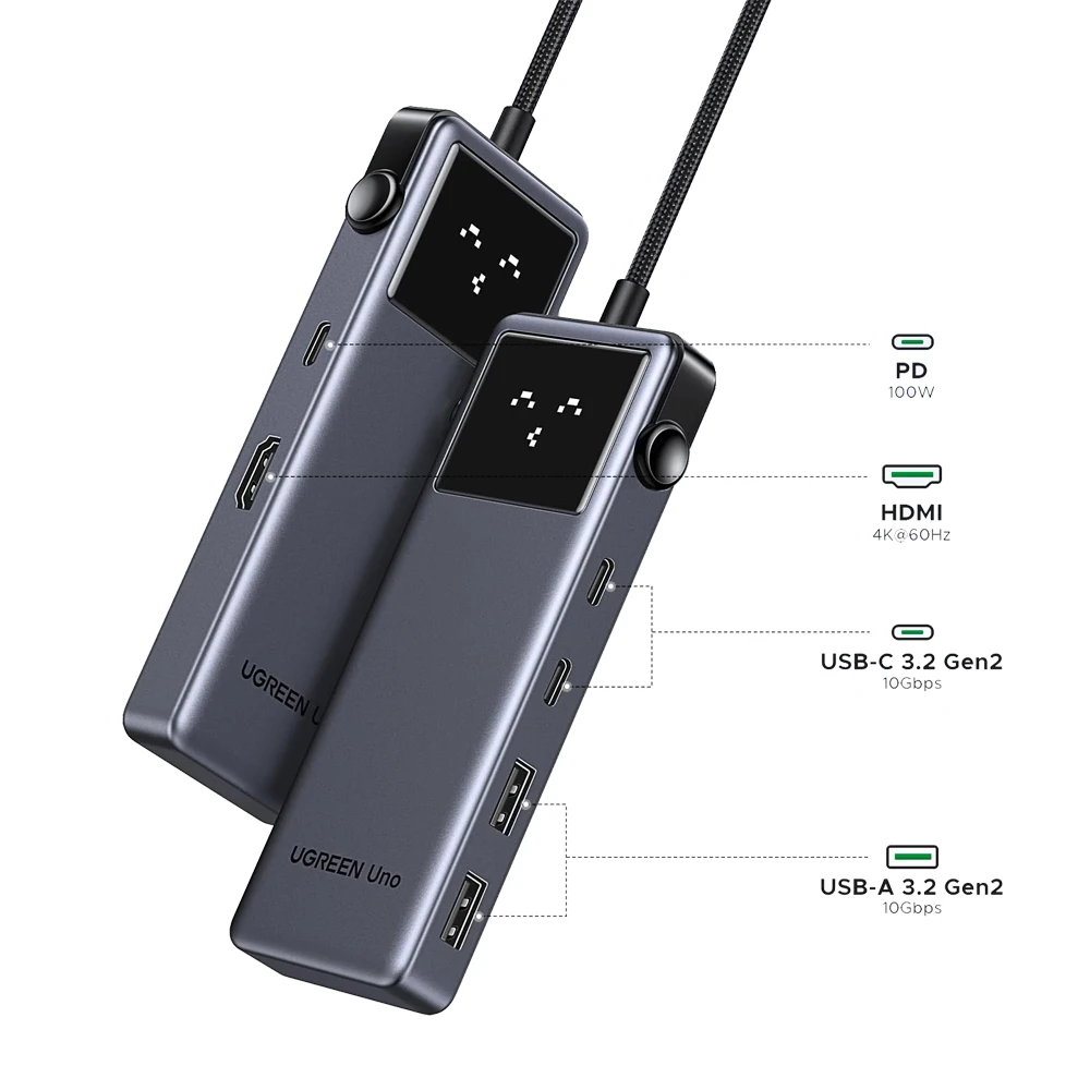 Ugreen hub 6 в 1 usb-c на 4k@60hz hdmi + 2*usb-a 3.2 + 2*type-c + 1*type-c 10 гбит/с серия uno, серый 3