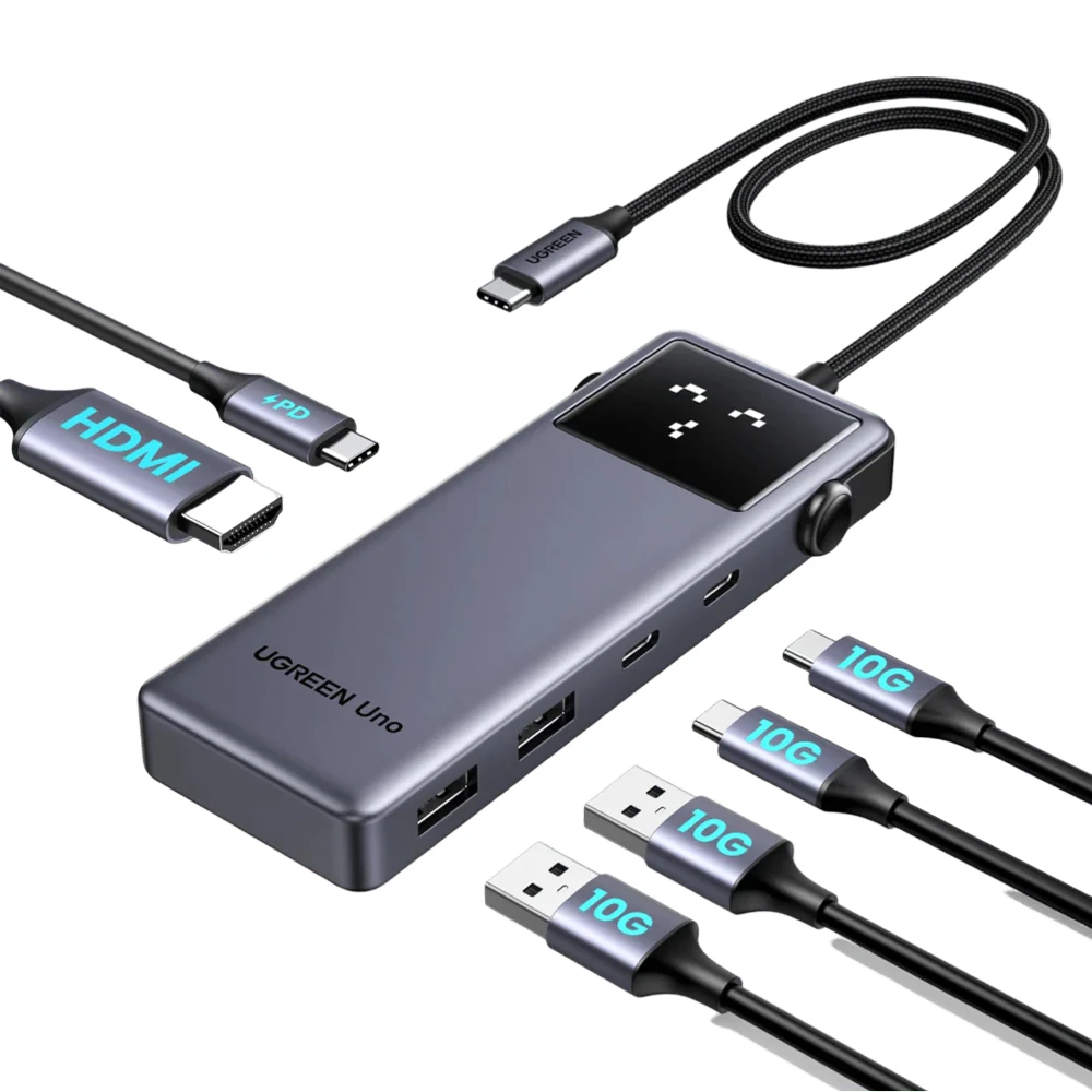 Ugreen hub 6 в 1 usb-c на 4k@60hz hdmi + 2*usb-a 3.2 + 2*type-c + 1*type-c 10 гбит/с серия uno, серый 2