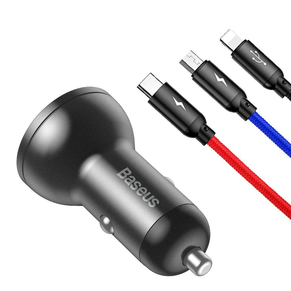Baseus car charger 2xusb fast charge 24w (with cable 3 in 1), black suit grey 3