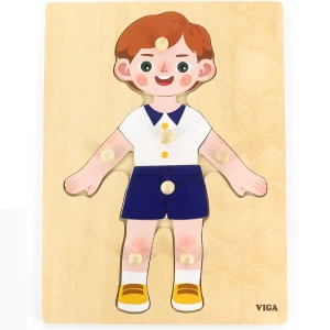 Puzzle din lemn cu buton "băiat - descoperim părțile corpului", 7 elem.
