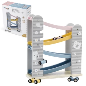 Pistă auto din lemn cu tobogan și mașini