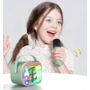 Boxă karaoke cu 2 microfoane și iluminare led, verde Thumbnail 3