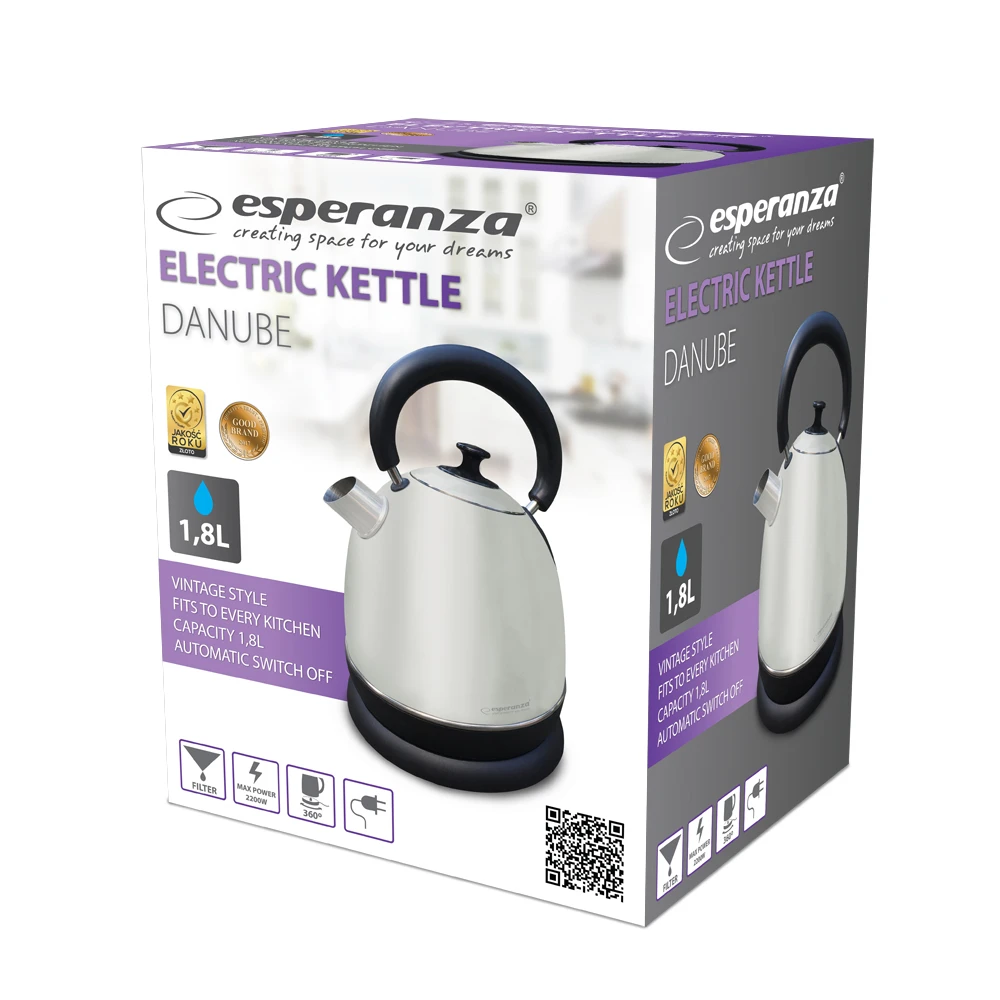 Kettle esperanza danube ekk032x, inox, 2200w,  1.8 l, auto shut-off after boiling, boil dry safety cut-off, concealed heating element, powercord lengt 4