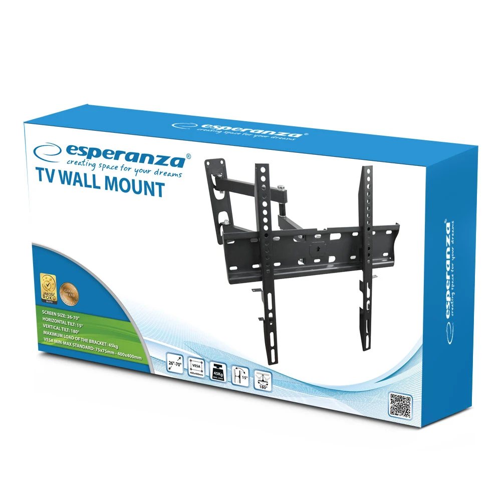 Esperanza tv-wall mount 008 erw008 for 26-70", max load 45kg, vesa 75x75-400x400mm, distance of tv from wall: 90-460mm, tilt adjustment up to 15°, hor 9