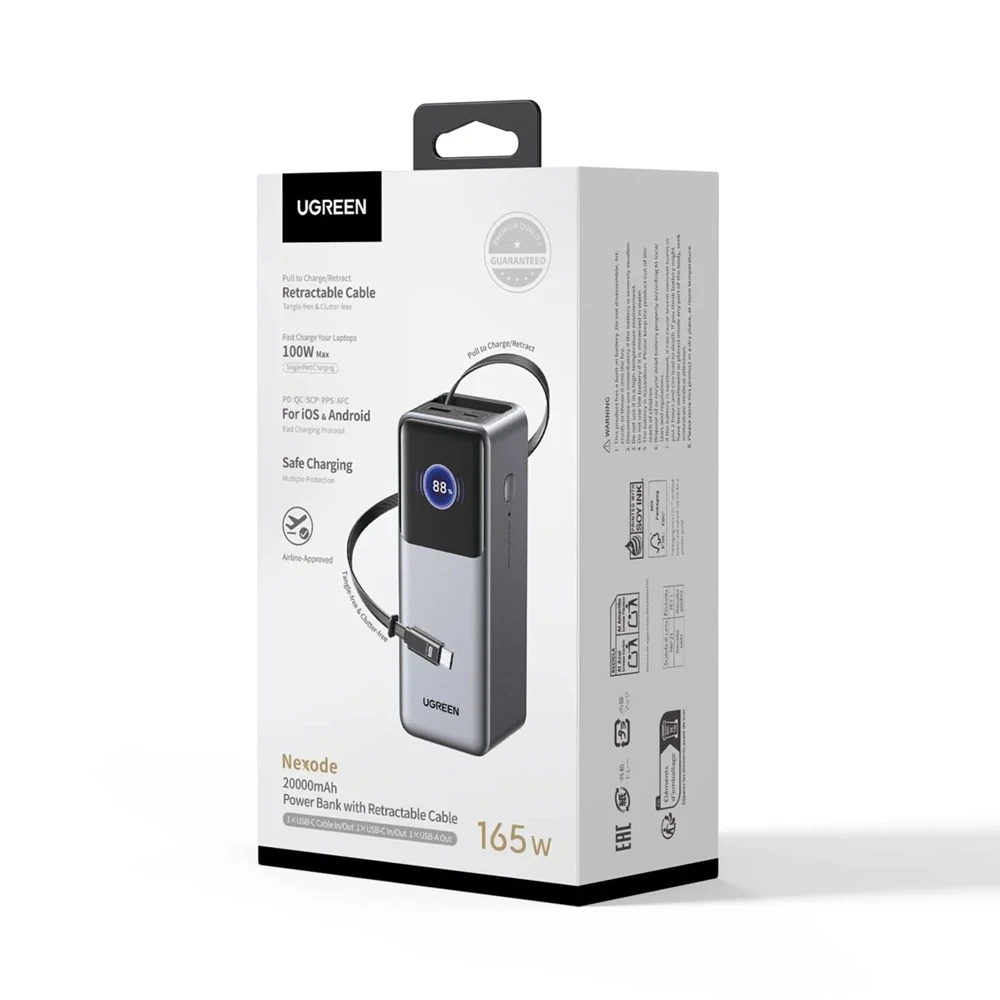 Ugreen power bank nexode flight approved 20000mah, 165w, с выдвижным кабелем usb-c, серый 2